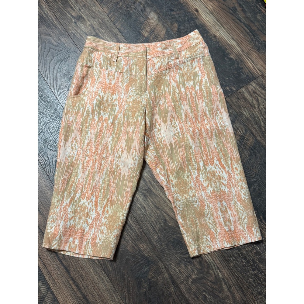 Ruby Rd Womens Orange Tan Abstract Ikat Linen Blend Capri Crop Pants Size 8